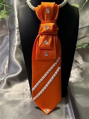 Woman Orange Satin Jeweled Statement Tie Necklace